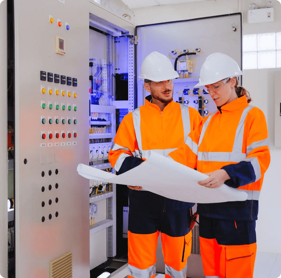 Workers in high-visibility gear analyzing documents