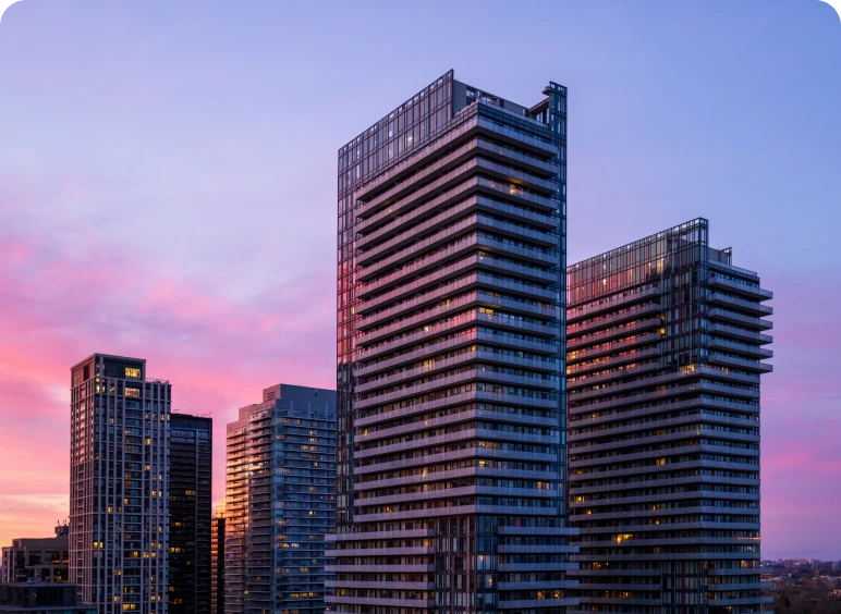 Modern skyscrapers at sunset